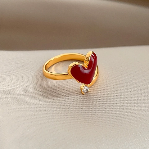 Anillo Abierto De Corazón Cobre Chapado En Oro 18K Esmalte Rojo Circón Ajustable Joyas De Moda Mujer