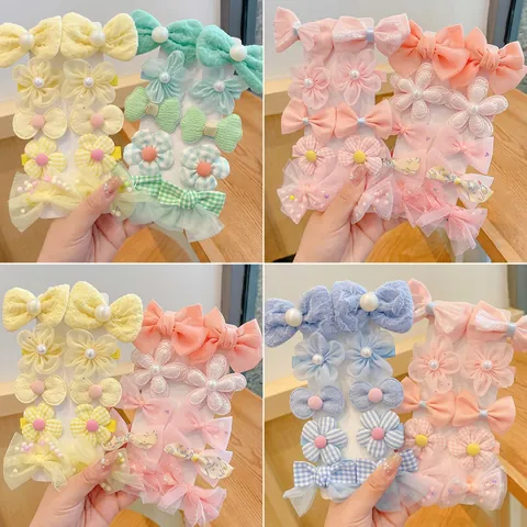 Cute Flower Bow Knot Hair Clips For Girls Lace Mesh Fabric Hairpins With Faux Artificial Pearls Sweet Korean Style Toddler Headwear
