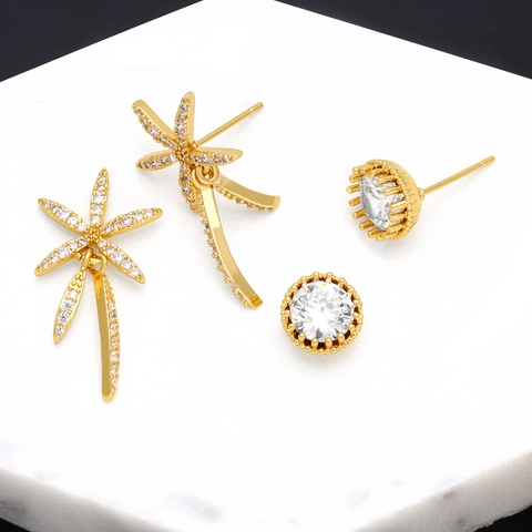 Stud Earrings Copper Zircon Coconut Tree And Round Shape Genuine Gold Plated Vintage Minimalist Jewelry For Women