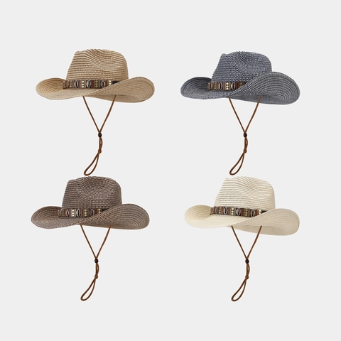 Western Cowboy Straw Hat Shell Decor Sun Protection Summer Beach Wide Brim Adjustable Windproof Rope For Women Men