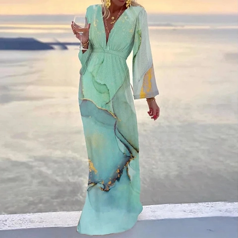 Women Long Sleeve V Neck Maxi Dress Marble Print Gold Foil Elegant Bohemian Beach Vacation Floor Length Polyester