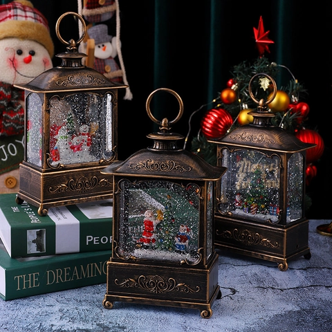 Vintage Weihnachten Schneekugel Laterne LED Musikalisch Glitzernd Wassergefüllt Bronze Retro Tischdeko