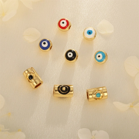 Evil Eye Beads Copper Gold Plated Enamel Turkish Lucky Charms For DIY Necklace Bracelet Jewelry Making Round Cylinder Tube