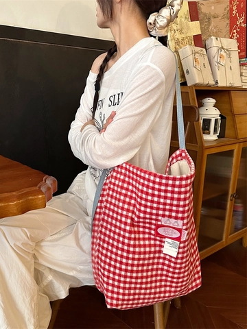 Borsa Tote E Mini Borsa A Mano In Lana A Quadri Rosso Bianco Gingham Tracolla Spalla Pendolare Versatile Moda Casual Donna
