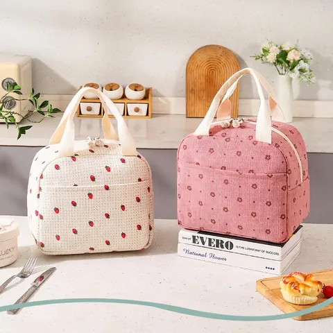 Insulated Lunch Bag Corduroy Floral Checkered Thermal Bento Pouch Portable Waterproof Tote For School Office Picnic
