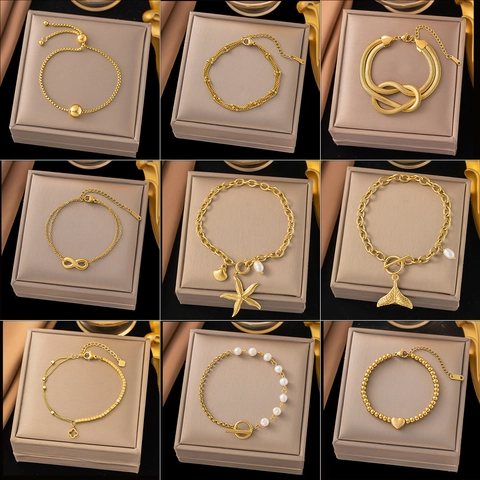 Fashion Heart Pendant Bracelet Stainless Steel 18K Gold Plated Infinity Star Shell Artificial Pearl Adjustable Elegant Jewelry Women