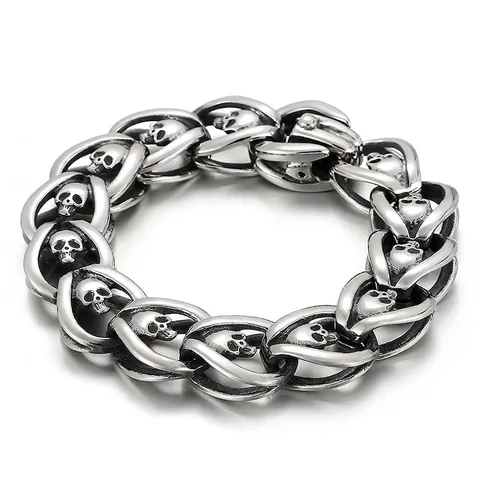 Vintage Stainless Steel Skull Bracelet For Men Punk Gothic Heavy Rock Biker Link Chain Jewelry