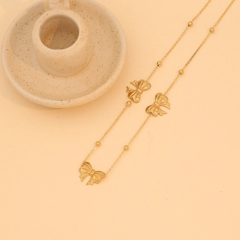 Stainless Steel Bow Pendant Necklace And Earrings Gold Plated Jewelry With Faux Artificial Pearl Rhinestone For Women