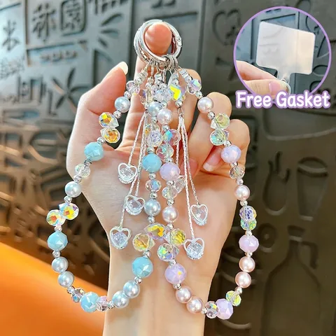 Heart Beaded Phone Lanyard Acrylic Crystal Bow Phone Chain Artificial Pearl Phone Strap Charm For Women Bag Keychain Gift