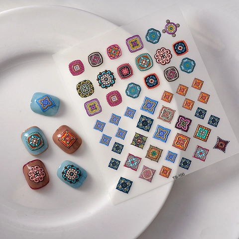 Pegatinas Para Uñas 5D Relieve Grabado Autoadhesivas Impermeables Patrón Geométrico Mandala Bohemio Manicura DIY Para Mujeres