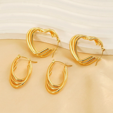 Multi Layer Heart Oval Hoop Earrings 18K Gold Plated Stainless Steel Minimalist Irregular Line Fashion For Women