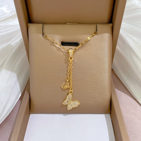 Butterfly Pendant Titanium Steel Chain Necklace Copper Gold Plated Dainty Zircon Inlaid Elegant Jewelry For Women