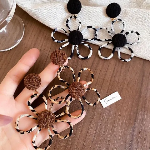 Leopard Print Fabric Flower Drop Earrings With 925 Sterling Silver Earring Post Vintage Bohemian Jewelry For Women