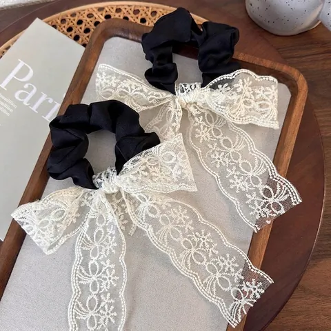 French Retro White Lace Bow Scrunchie Black Fabric Hair Tie With Long Ribbon Streamer Elegant Accessories For Women