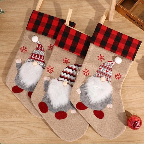 Christmas Stockings Burlap Buffalo Plaid Cuff Gnome Faceless Elf 3D Plush Beard Snowflake Embroidery Hanging Gift Bags