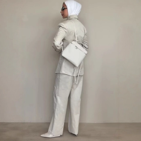 Completo Da Donna Manica Lunga Risvolto Top Sciancrato E Pantaloni Dritti Poliestere Elegante Pendolare Grigio
