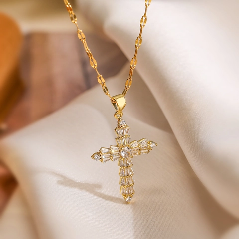 Collana Con Pendente A Croce Rame Placcato Oro Zirconia Gioielli Moda Religiosa Donna Catena Di Clavicola Scintillante Regalo