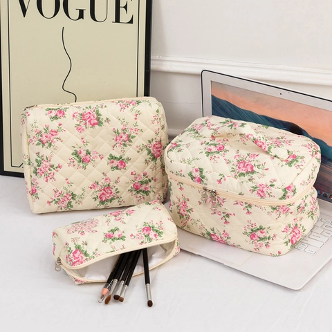 Trousse De Toilette Matelassée En Coton À Fleurs Organisateur De Voyage Portable Sac De Maquillage Style Frais Et Doux
