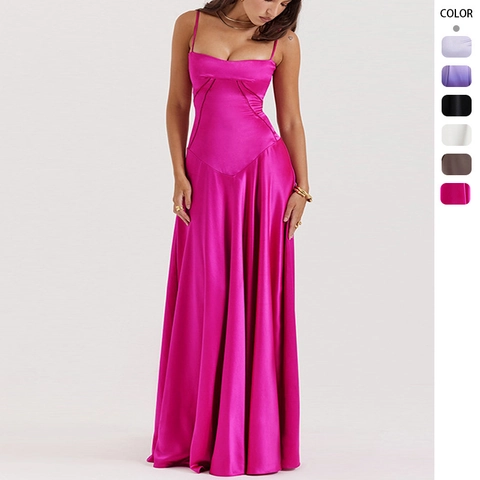 Satin Spaghetti Strap Maxi Dress Backless Lace Up Corset Slim Fit Geometric Seams Elegant Evening Party Gown