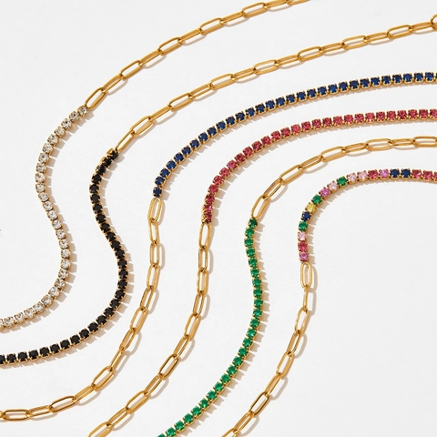 Fashion Stainless Steel Paperclip Spliced Tennis Bracelet Gold Plated Rhinestone Inlaid Jewelry For Women Everyday Wear