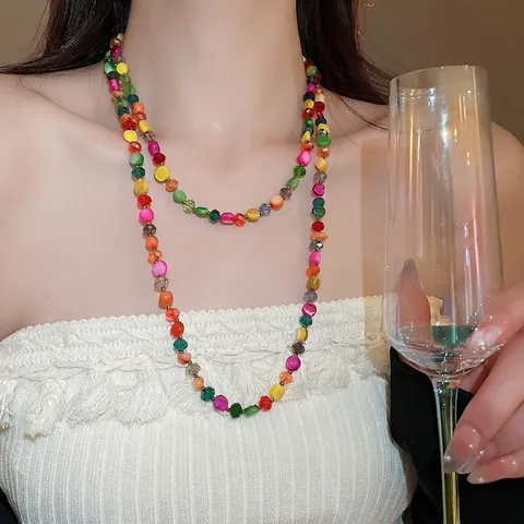 Collar De Cuentas De Concha Y Cristal Multicolor Irregular Cadena Larga Estilo Bohemio Vintage Para Mujer