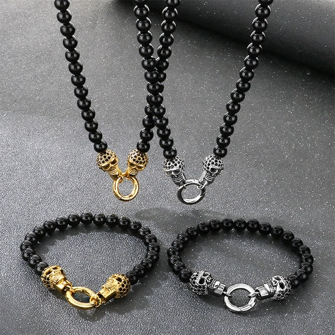 Collana E Bracciale Con Perline Teschio Punk Acciaio Inossidabile Agata Nera Gotico Strass Gioielli Vintage Da Uomo