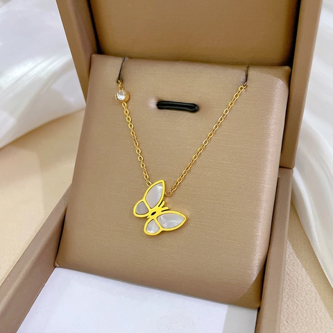 Collar Con Colgante De Mariposa Acero De Titanio Chapado En Oro Nácar Concha Circón Joyería Minimalista Para Mujer