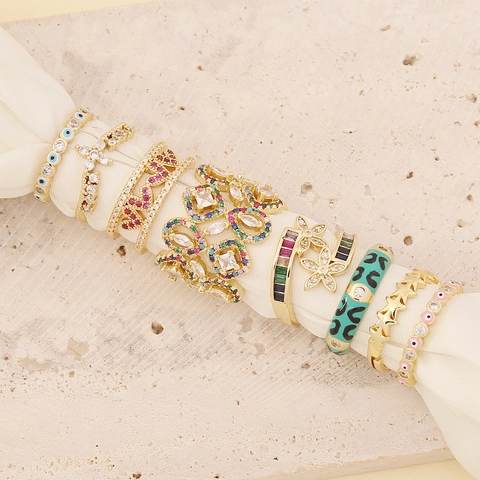 Anelli Aperti Regolabili In Rame E Zircone Moda Malocchio Cuore Stella Leopardo Smalto Gioielli Per Donne