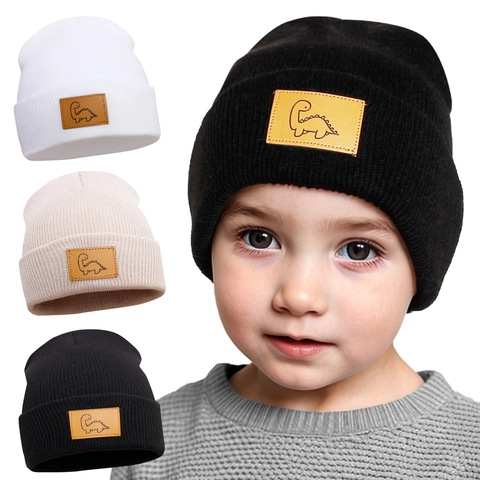 Kids Knitted Beanie Hat Warm Acrylic Ribbed Cuffed Winter Cap With Dinosaur Leather Patch For Toddlers Boys Girls