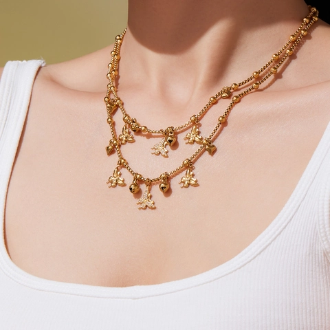 Set di Gioielli con Ciondolo a Farfalla e Cuore in Acciaio Inossidabile e Zircone Collana e Bracciale per Donna