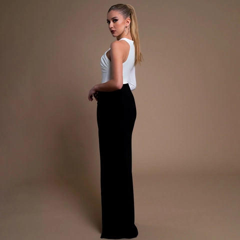 Vestito Maxi Monospalla A Maniche Lunghe Color Block Spacco Alto Elegante Abito Da Sera Per Donna