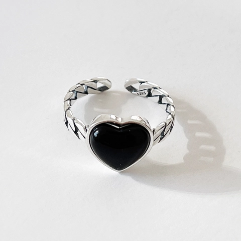Anello In Argento Sterling 925 Forma Cuore Agata Nera Vintage Catena Gourmette Fascia Regolabile Per Donna