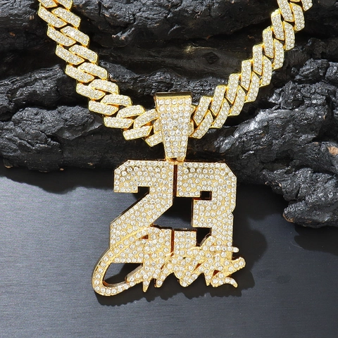 Legierung Strass Nummer 23 Anhänger Halskette Iced Out Cuban Link Kette Hip Hop Streetwear Schmuck Für Herren Damen