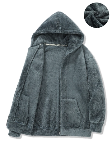 Women Plush Sherpa Fleece Zip Up Hoodie Reversible Warm Thick Casual Solid Color Hooded Sweatshirt Outerwear