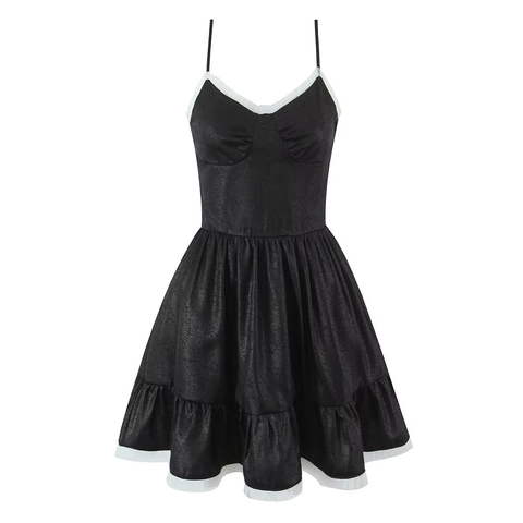 Robe Mini Camisole Sexy Col V Sans Manches Femmes Noir Blanc Bordure Volants Taille Haute Polyester Texturé Style Lolita