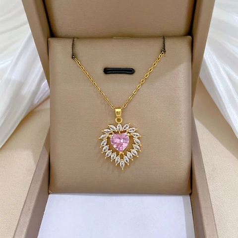 Collier Pendentif Cœur Zircon Rose Pierre Marquis Chaîne Acier Inoxydable Cuivre Bijoux De Luxe Élégants Femmes