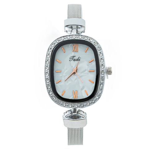 Elegant Fashion Oval Women Quartz Watch With Rhinestone Bezel Milanese Mesh Alloy Band Marble Texture Dial Ladies Wristwatch