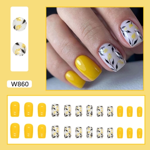 Press On Nails Yellow Leaf Floral Design European Square Shape Medium Long Artificial Fake Nails For Women