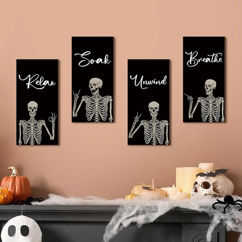 Carteles Colgantes Esqueleto Divertidos Madera Gótico Halloween Decoración Relax Soak Unwind Breathe Para Baño Dormitorio