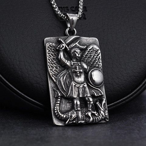 Vintage 316L Stainless Steel Saint Michael Archangel Angel Dragon Slayer Pendant Necklace Retro Nordic Myth Jewelry For Men