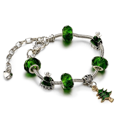 Christmas Theme Charm Bracelet Alloy Copper Snake Chain Faceted Glass Beads Enamel Pendants Holiday Jewelry
