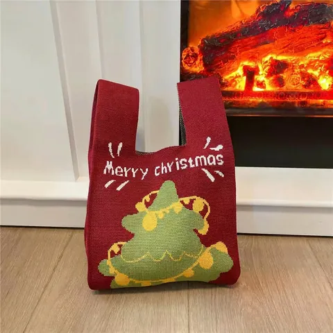 Christmas Knitted Tote Bag Mini Handheld Polyester Winter Holiday Reindeer Snowman Pattern Cute Novelty Gift Bag