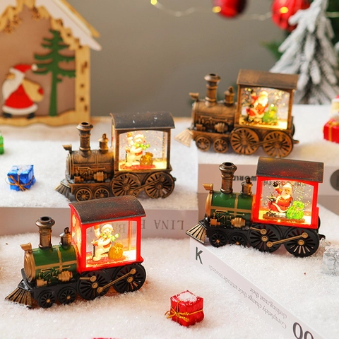 Retro Christmas Train Snow Globe LED Night Light Water Filled Glitter Santa Snowman Train Ornament For Holiday Decor Gift