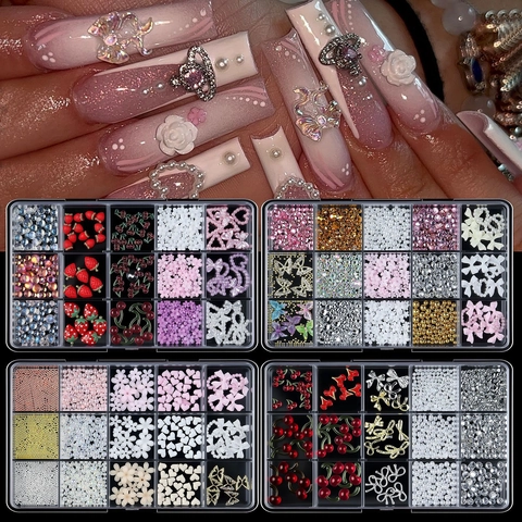 3D Nail Art Decorations Resin Butterfly Bow Flower Charms Rhinestones Artificial Pearls DIY Manicure Design Accessories