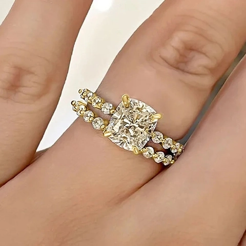 Luxury Cushion Cut Zirconia Wedding Ring Set For Women Vintage Copper Zirconia Inlaid Engagement Ring Gold Silver Finger Ring