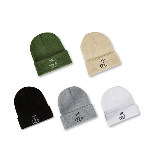 Unisex Knitted Beanie Hat Acrylic Warm Winter Cuff Cap With Embroidered I'M COLD Lettering Ribbed Soft