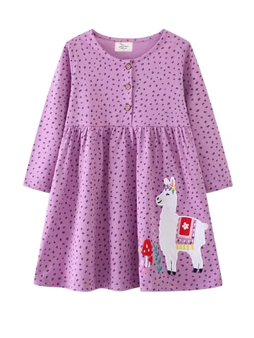Vestido De Algodón De Manga Larga Para Niñas Púrpura Con Lunares Bordado Alpaca Princesa Ropa De Otoño