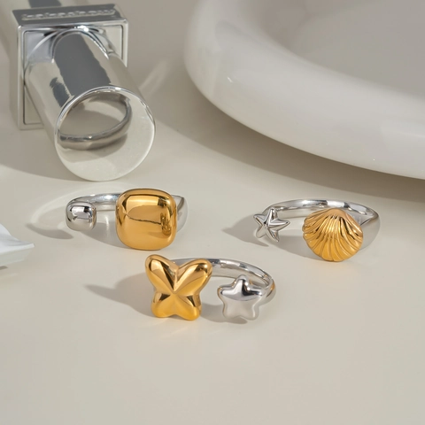Minimalist Adjustable Open Rings Stainless Steel Gold Silver Two Tone Star Sea Shell Butterfly Geometric Jewelry Women