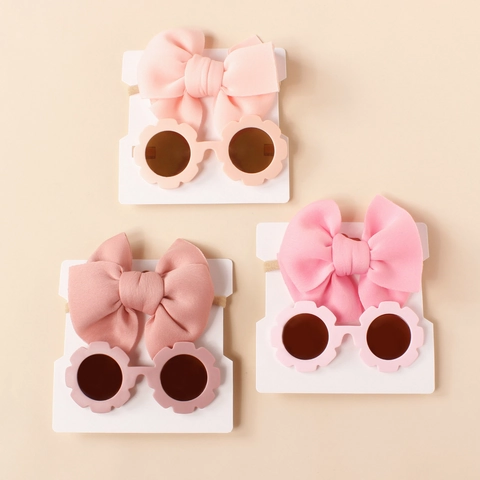 Baby Girl Bow Headband And Flower Sunglasses Accessory Matching For Toddler Kids Infant Fabric Plastic Cute