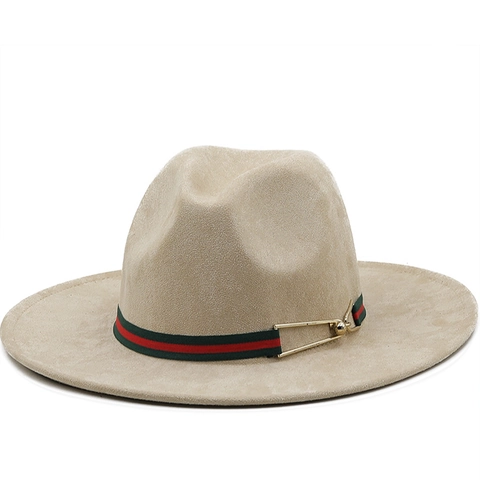 Wide Brim Fedora Hat Faux Suede Western Cowboy Style Webbing Strap Metal Buckle Sun Protection Retro For Men Women